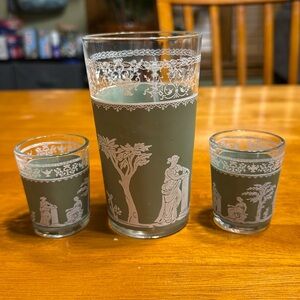 Vtg. JEANNETTE Glass Hellenic Green Tumbler/Shot Glass Set